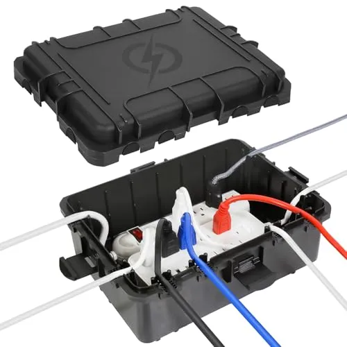 OUTDSPLY Große wasserdichte Kabelbox für den Außenbereich, wetterfeste Außensteckdose, IP54-geschützte Steckdosenleiste, Timer-Steckdose, Außenstecker, Verlängerungskabel (31 x 23 x 13 cm) - Schwarz