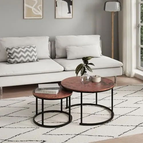 Moderne Couchtisch 2er Set rund aus Holz - Beistelltisch Set 2 in 1 mit Metallgestell für vielseitige Gestaltung im Wohnzimmer, platzsparend ineinander schiebbar und mit edler Optik für stilvolle Raumgestaltung.