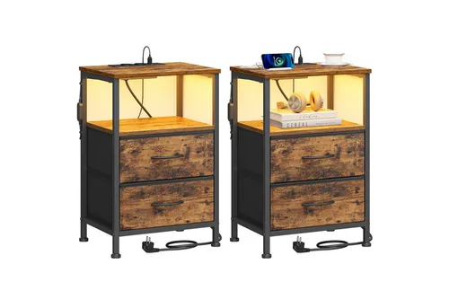 SONGMICS Nachttisch mit LED-Beleuchtung und Ladestation, 2er Set, braun