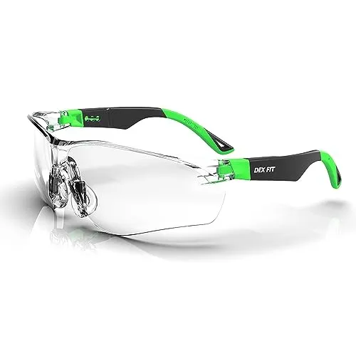 DEX FIT Schutzbrille Arbeitsschutzbrille SG210, Z87 Augenschutz Schutzbrille, Beschlag- und Kratzfest, Verstellbar für Damen und Herren, UV Brille (Schwarzer und Grüner Rahmen, Klare Gläser)