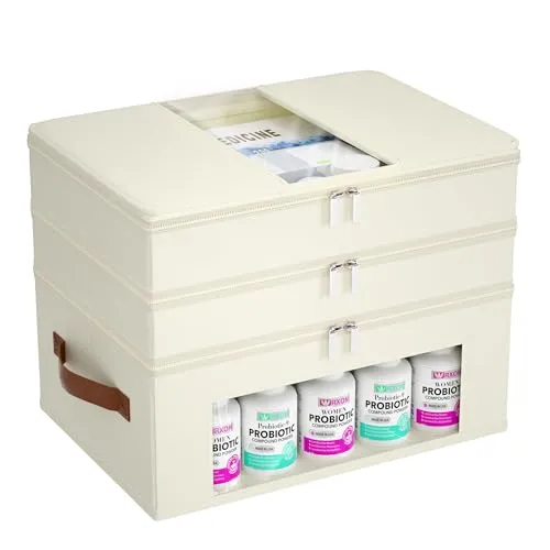 Whchiy Medikamentenbox, 3-stöckige Medikamenten Aufbewahrung Mit Ledergriff, Hausapotheke Box Medikamenten Organizer Medizinbox für Familie, Büro, Schule (Beige)
