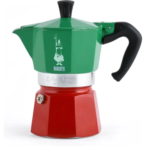 Bialetti Espressokocher Moka Express Italia 3 - Zubehör zur Kaffee- u. Teezubereitung, elegantes Aluminiumdesign in rot/grün, für 3 Tassen Espresso, geeignet für alle Herdarten, inkl. Sicherheitsventil für mehr Sicherheit.