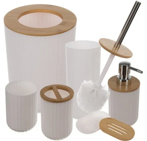 Badezimmerzubehör Set - Wei Ruhhy 24635 - Hochwertiges 6-teiliges Badezimmerzubehör-Set in Weiß und Braun, aus strapazierfähigem PP mit stilvollen Bambusakzenten. Ideal für modernen Komfort und einfache Reinigung im Badezimmer.