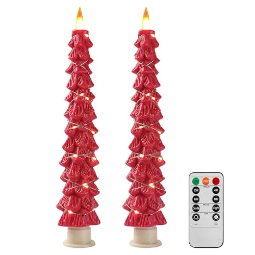 Weihnachtsbaumkerzen umgeben von Fairy-Lichtern, LED-Lichter ohne Flamme mit Fernbedienung-Synchronisationsfunktion, rot