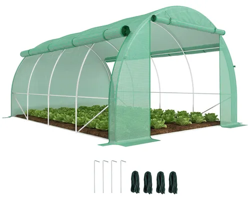 Outsunny Folientunnel - 397L x 300B x 200H cm - grün - Zubehör für Gewächshäuser, viel Platz zum Gärtnern mit aufrollbaren Seiten und praktischer Reißverschlusstür für einfachen Zugang.