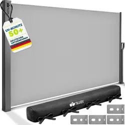 tillvex Seitenmarkise ® - Ausziehbare Wandmarkise in Grau - Seitenarm-Markisen, wasserfest und reißfest für optimalen Sonnenschutz und Sichtschutz, ideal für Terrasse oder Balkon.