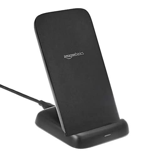 Amazon Basics Qi-zertifizierter kabelloser Ladeständer, 10 W, für Telefon 16/15/14/13/12/11/X, Samsung und mehr, mit USB-Kabel (ohne Netzteil), Schwarz
