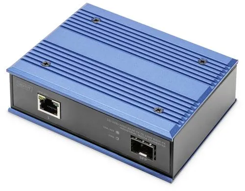 Digitus DN-652103-1 LAN Medienkonverter 10/100/1000 MBit/s - Repeater Transceiver für industrielle Anwendungen, bietet hohe Immunität gegenüber elektromagnetischen Störungen und arbeitet zuverlässig bei -40 bis 80°C.