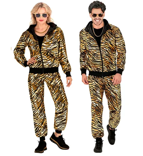 W WIDMANN MILANO Party Fashion Kostüm Trainingsanzug - Kostüm-Outfits für Erwachsene im auffälligen 80er Jahre Look, perfekt für Karneval oder Mottopartys. Strahlendes Zebramuster in Goldmetallic, bequem über normaler Kleidung tragbar.