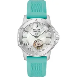 Bulova 96L325 Damenuhr Marine Star Automatik 35mm - Türkis/Weiß - Damenuhr mit Automatikwerk, 10 ATM wasserdicht und elegantem Perlmuttzifferblatt. Ideal für sportliche Styles und besondere Anlässe.