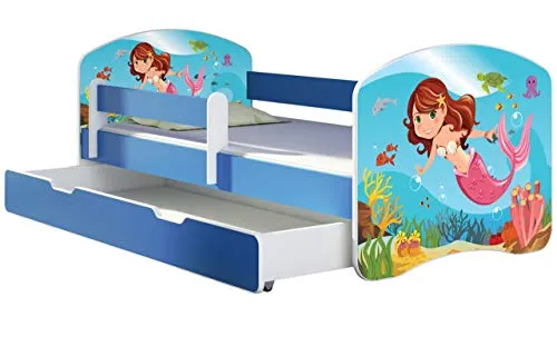ACMA Kinderbett Jugendbett mit Einer Schublade und Matratze Blau mit Rausfallschutz Lattenrost II 140x70 160x80 180x80 (09 Meerjungfrau, 140x70 + Bettkasten)