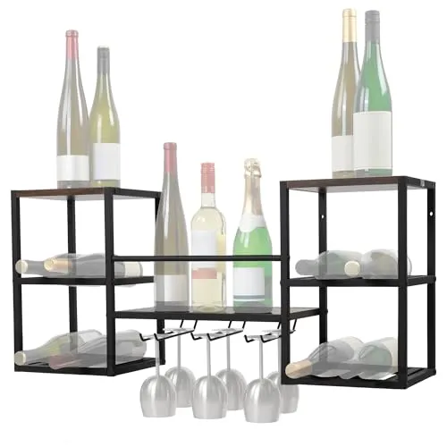 Zelsius Weinregal wandmontiert – Elegantes Flaschenregal für stilvolle Aufbewahrung - Weinregale: Präsentiert bis zu 8 Flaschen und 6 Gläser stilvoll, stabil aus Stahl mit Holzoptik-Ablagen, ideal für jedes Zuhause.