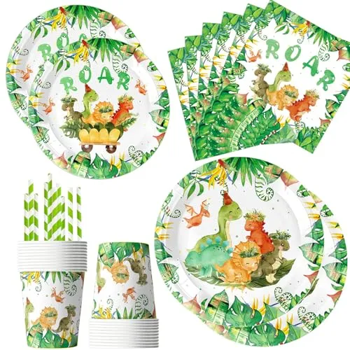 Dino Geburtstag Deko Partygeschirr Set, 60 Stück Pappteller mit Dino-Motiv, Inklusive Servietten, Bechern und Strohhälmen für die Kinderparty