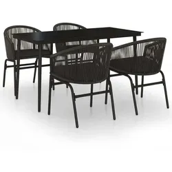 vidaXL 5-tlg. Garten-Essgruppe Schwarz - Gartenmöbel-Set mit pulverbeschichtetem Stahlrahmen und PVC-Rattan-Stühlen, wetterfest und bequem mit dicken Kissen für entspannte Stunden im Freien.