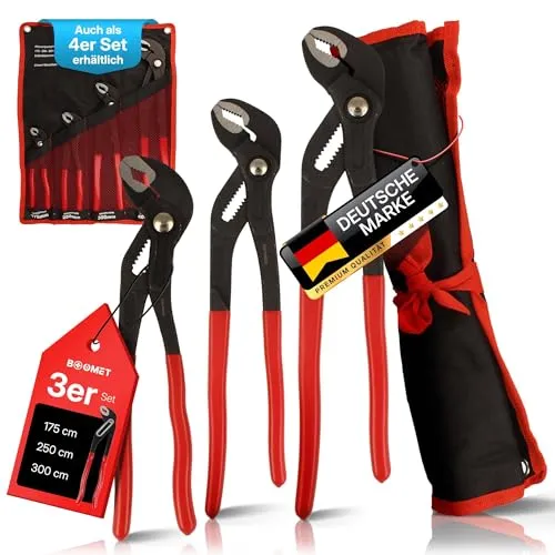BOOMET Wasserpumpenzange klein & groß · 3er Set 175mm 250mm 300 mm · Verstellbare Rohrzange mit Druckknopf · Wasserrohrzange mit Feinverstellung per Knopfdruck
