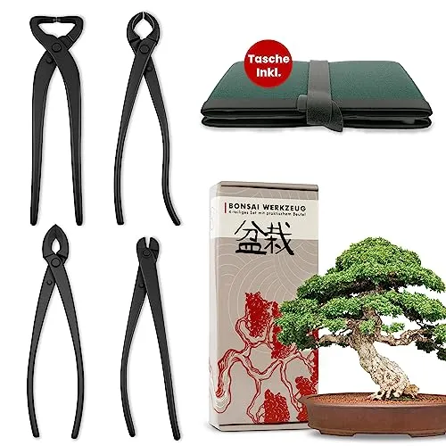 Bonsai Werkzeug-Set Profi 4-teilig aus Stahl - Werkzeugsets für die optimale Bonsai-Pflege mit hochwertigen Zangen aus Karbonstahl, inklusive praktischer Aufbewahrungstasche für langfristige Nutzung.