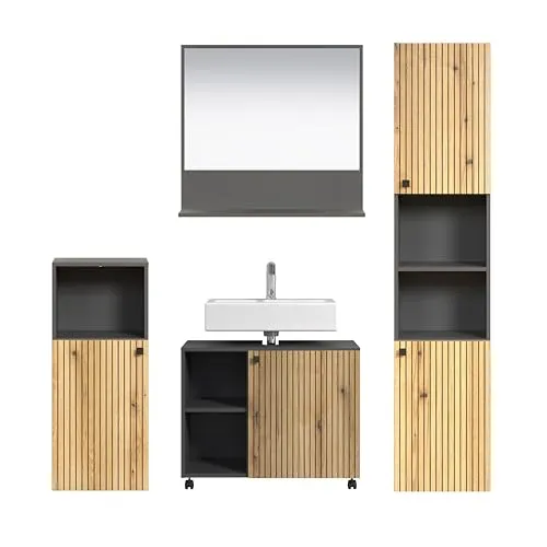 trendteam smart living - PureBliss Badezimmer Komplettset mit Spiegel und Schränken - Anthrazit/Evoke Eiche - Modernes Badezimmermöbel-Set für stilvolles Design und praktische Ordnung. Mit 4 Türen und 5 offenen Fächern bietet es viel Stauraum. Pflegeleichte Oberfläche und einfache Montage machen es ideal für jedes Badezimmer.