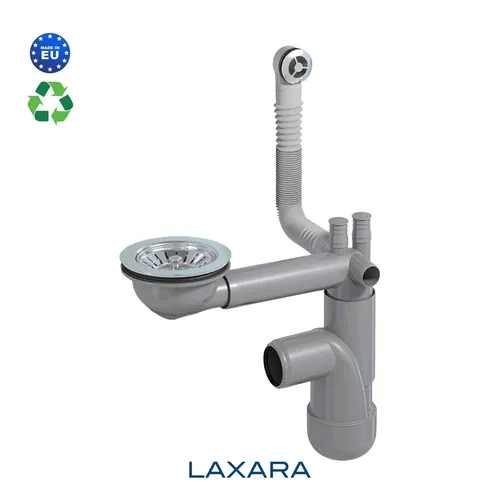 LAXARA Teleskop Siphon für platzsparende Küchenspülen - 1 Becken runder Überlauf