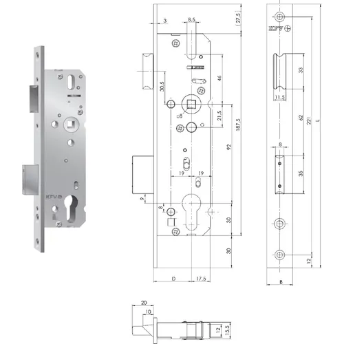 RR-Schloss 49N, DM 35mm, DIN 92, U-Stulp 6x24x245mm verzinkt, Nuss 8mm