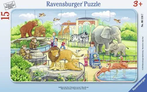 Ravensburger 06116 Rahmenpuzzle Ausflug in den Zoo 15 Teile - Klassisches Puzzle für Kinder ab 3 Jahren, mit Konturlinien für einfaches Einsetzen und praktischer Unterlage, fördert spielerisch Wahrnehmung, Gedächtnis und logisches Denken.