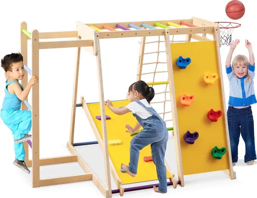 COSTWAY 6-in-1 Klettergerüst Indoor für Kinder - Vielfältiges Klettergerüst mit 6 Spielmöglichkeiten: Rutsche, Affenstangen, Kletterrampe und Basketballkorb. Ideal für drinnen, sicher und robust für bis zu 3 Kinder. Fördert Bewegung und soziale Fähigkeiten.