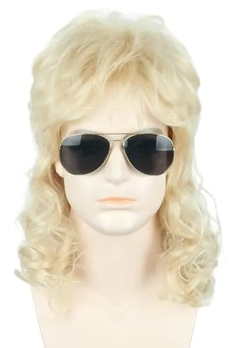 LeMarnia Herren 80er Jahre Vokuhila Perücke Rocker Punk Popstar Lange Lockig Mullet Perücke Halloween Party Kostüm-Perücken (Blonde)