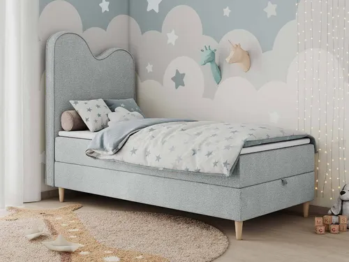 Boxspringbett FLOW - Einzelbett 90x180cm für Kinder und Jugendliche, hellgrau - Hochwertiges Boxspringbett mit 7-Zonen-Taschenfederkernmatratze und Bettkasten für zusätzlichen Stauraum, ideal für komfortables Schlafen und Ordnung im Kinderzimmer.