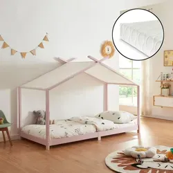 Kinderbett 'Brome' Hausbett mit Matratze 90 x 200 cm Rosa - Kinderbett in zauberhafter Hausoptik, inklusive bequemer Matratze für optimalen Schlafkomfort. Abnehmbares Dach sorgt für Geborgenheit und gemütliche Atmosphäre im Kinderzimmer.