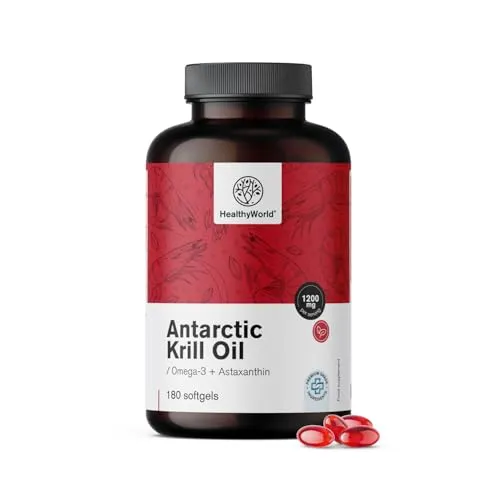 HealthyWorld® Krillöl 1200 mg - 180 Weichkapseln - Omega-3 + Astaxanthin - Ohne Gluten, Laktose und Künstliche Aromen - 3-Monats-Vorrat - Unterstützt Herz- und Kreislauffunktion