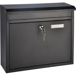 Eleganter schwarzer Metallbriefkasten mit Namensschild - Wandbriefkasten aus robustem Metall, verschließbar mit 2 Ersatzschlüsseln und praktischem Zeitungsfach – ideal für sicheren Postempfang.