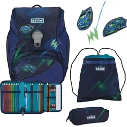 SCOUT Superflash Alpha Set 4-teilig City Lights - Schulranzen-Set mit stark reflektierendem Muster für optimale Sichtbarkeit, inklusive zwei Schlampermäppchen und Sportbeutel. Maße: 30 x 42 x 17 cm, ideal für den sicheren Schulweg.