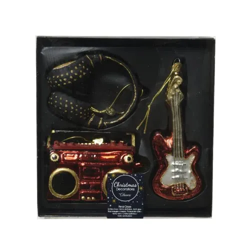 Kaemingk Christbaumschmuck Glas Musik Rock'n'Roll Set 3-teilig - Weihnachtsbaumkugeln im Rock'n'Roll Stil, mundgeblasen aus Glas mit Glitzer, ideal für Musikliebhaber und als Geschenk. Set enthält Kopfhörer, Kassettenspieler und E-Gitarre.