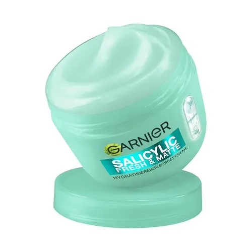 Garnier Salicylic Fresh & Matte Sorbet Creme – Mattierende Gesichtscreme mit Salicylsäure - Die leichte Sorbet Creme sorgt für ein mattiertes Hautbild und kontrolliert überschüssigen Talg. Ideal für die tägliche Pflege öliger Haut. Mit geprüfter Formel für ein frisches Hautgefühl.