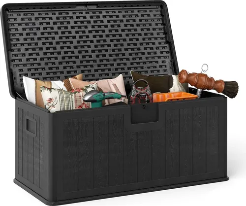 GOPLUS 378 L Gartenbox – Wasserdichte Auflagenbox mit abschließendem Deckel - Vielseitige Gartenbox mit 378 L Fassungsvermögen und stabiler Sitzgelegenheit für 2 Personen. Hergestellt aus robustem HDPE, wasser- und UV-beständig. Einfach zu montieren und leicht zu reinigen.