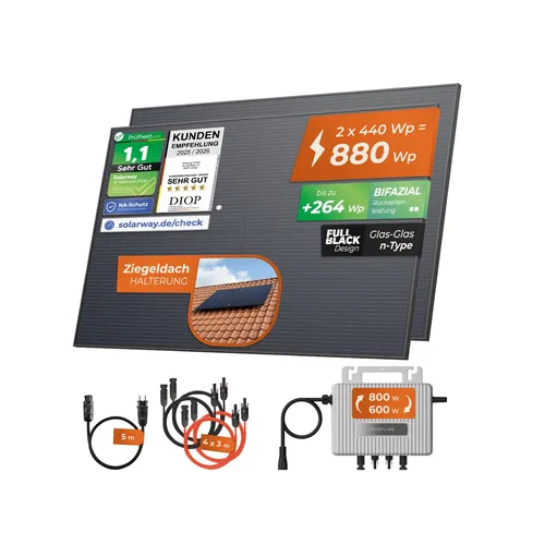 Solarway® 880Wp Balkonkraftwerk mit EcoFlow 800W Wechselrichter - Komplettes Solaranlagen-Set mit 440W bifazialen Solarmodulen, ideal für nachhaltige Energienutzung und einfache Steckdoseninstallation.