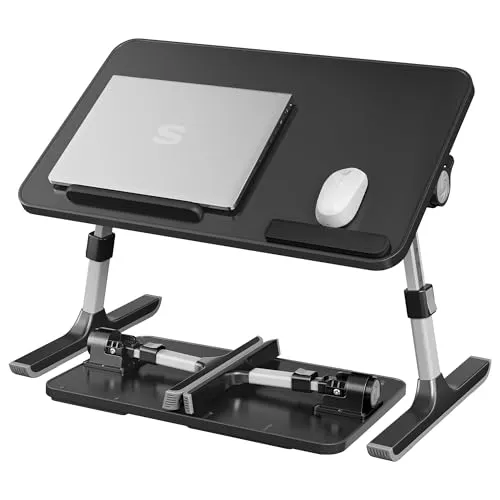 SONGMICS Laptoptisch, Betttisch mit Geräteschlitz, 52 x 30 x 32 cm | Holzspanplatte, Aluminiumlegierung und ABS-Kunststoff, für Schlafzimmer und Wohnzimmer, Schwarz, ISLAND Kollektion LLD117B101