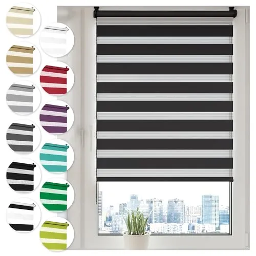 Doppelrollo Klemmfix ohne Bohren 30cm x 100cm Schwarz Duo Rollo Klemmrollo Sonnenschutzrollo Fensterrollo für Fenster & Türen Zebrarollo Seitenzugrollo