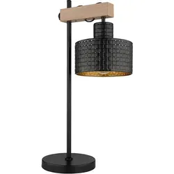 Höhenverstellbare LED Tischlampe in Schwarz und Gold mit Holzoptik
