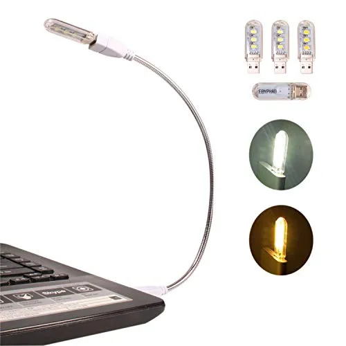 EBYPHAN Mini LED USB Lampe, Flexible Tastaturlicht für Laptop PC Computer, Einstellbar Schwanenhals + Abnehmbarer Lampenschirm, 4 Gemischte LED USB Licht (2 Weiß + 2 Warmes Gelb) (Silbrig)