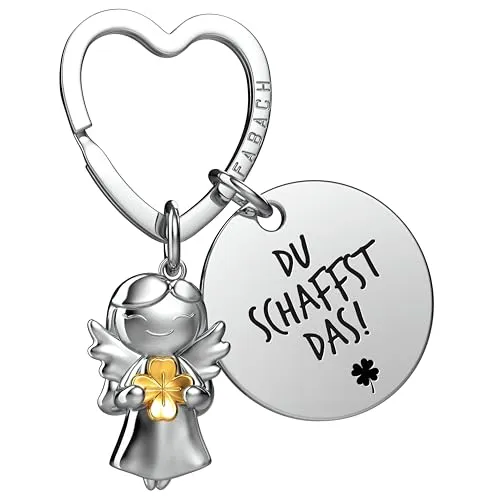 FABACH Viel Glück Schutzengel Schlüsselanhänger mit Kleeblatt und Gravur - Engel Glücksbringer Du schaffst das - Viel Erfolg Talisman Geschenk