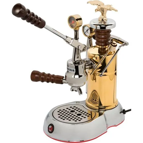 La Pavoni Esperto Competente Chrom-Gold Handhebelmaschine - Siebträgermaschinen mit traditionellem Handhebel-Design für perfekten Espresso und individuelle Brühkontrolle.