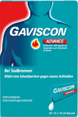 GAVISCON Advance Pfefferminz Suspension - Arzneimittel gegen Sodbrennen und Reflux, bildet eine schützende Schicht im Magen und sorgt für schnelle Linderung bei Beschwerden.