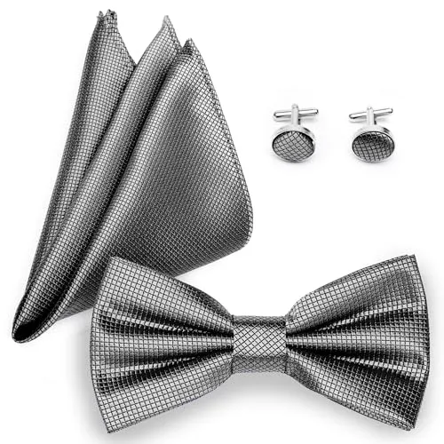 Ladeheid Fliege mit Einstecktuch Set Herren inkl. Manschettenknöpfe SETBHC (12cm x 6cm, Grau)