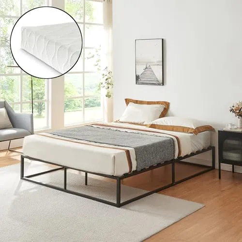[en.casa] Metallbett Kreta 140x200cm Schwarz - Stilvolles Metallbett mit atmungsaktiver Kaltschaummatratze, ideal für Allergiker – robustes Design für langlebigen Komfort in jedem Schlafzimmer.