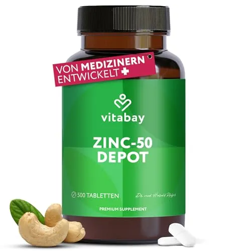 Vitabay Zink 50 mg Hochdosiert – 500 vegane Tabletten – Zinkgluconat Depot – Vegan & ohne unnötige Zusatzstoffe – Laborgeprüft – Vorrat für über 18 Monate