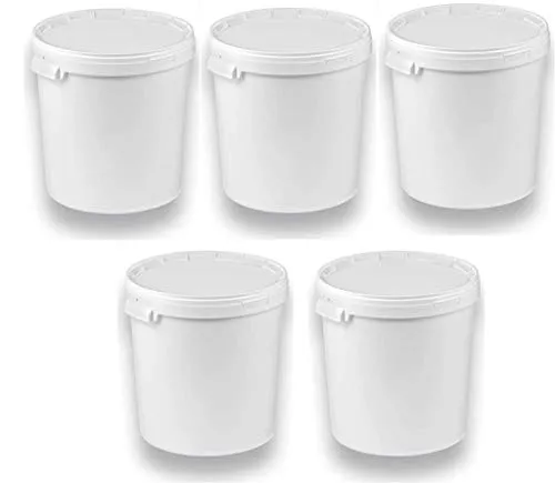 Liter Eimer mit Deckel weiß, stapelbarerer Milch-/Vorratseimer, Honigeimer Kunststoffeimer mit Lebensmittelfreigabe, Lebensmittelechte Behälter, Leereimer für Mehl, Wassereimer, 5 Stück 5 x 30