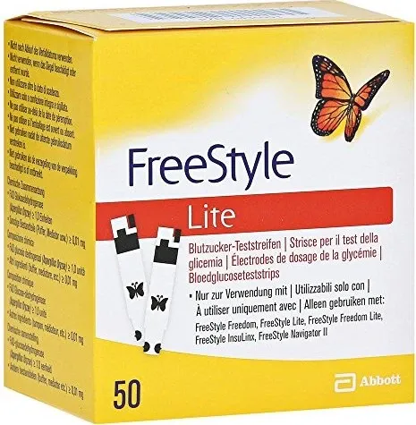 Freestyle Lite Teststreifen ohne Codieren - 50 ST - Blutzuckermessgeräte mit einzigartigem ZipWik-Design für schnelle und einfache Blutaufnahme. Minimale Blutmenge von nur 0,3 μL für präzise Messungen und 60 Sekunden Nachtropffunktion.