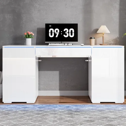 MODFU Hochglanz Schreibtisch mit LED, 140x50cm – Eleganter Computertisch