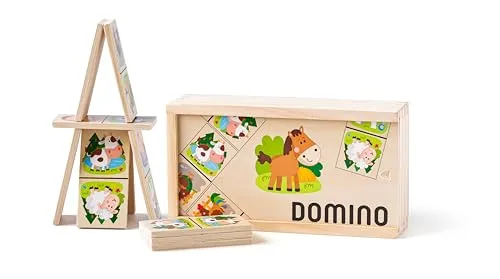 Woodyland 90093 Holz - Domino Legespiel Farm Animals in Holzbox mit Schiebedeckel