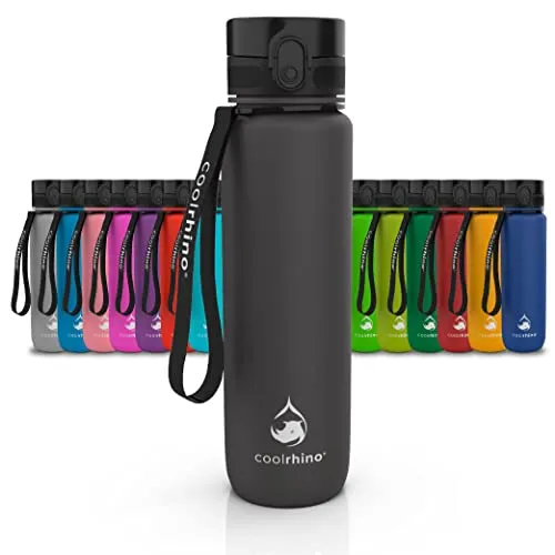 coolrhino Trinkflasche 350ml für Sport, Kinder, Schule, Fitness & Outdoor - Wasserflasche auslaufsicher und Bpa frei - Flasche für Kohlensäure geeignet (Rhino Black, 350ml)